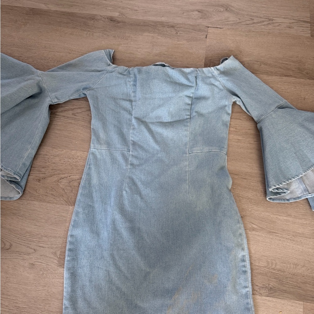 Chic Off-Shoulder Denim Dress with Flared Sleeves